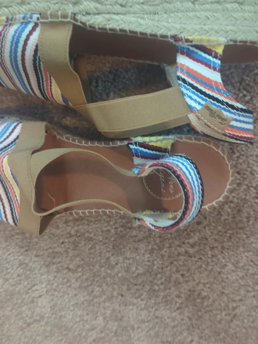 Striped Canvas Espadrille Wedges with Tan Cross Straps